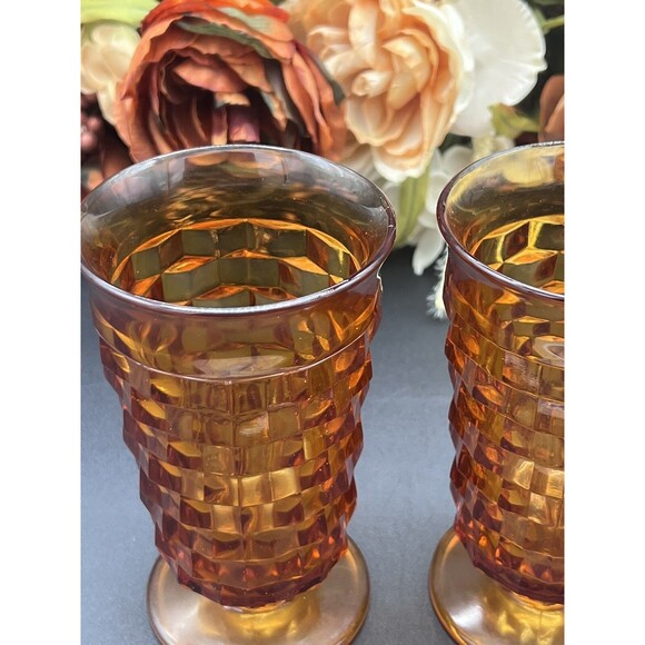 Set of 2 Vintage Whitehall Amber Cubist Footed Iced Tea Glasses 12oz - Indiana G - Picture 4 of 7